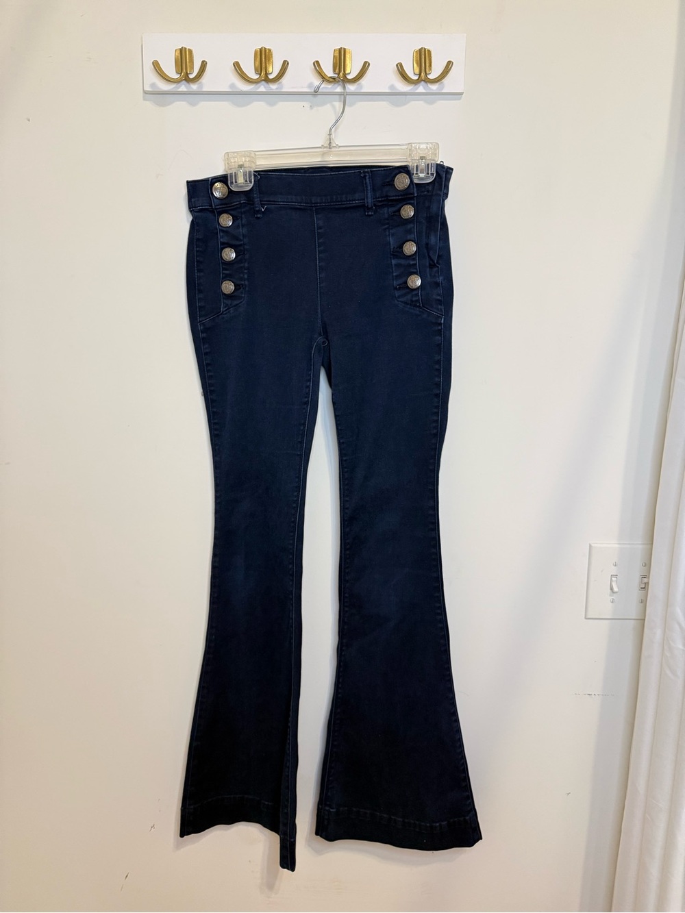 Dark Navy High-Waist Flare Jeans with Button Detail